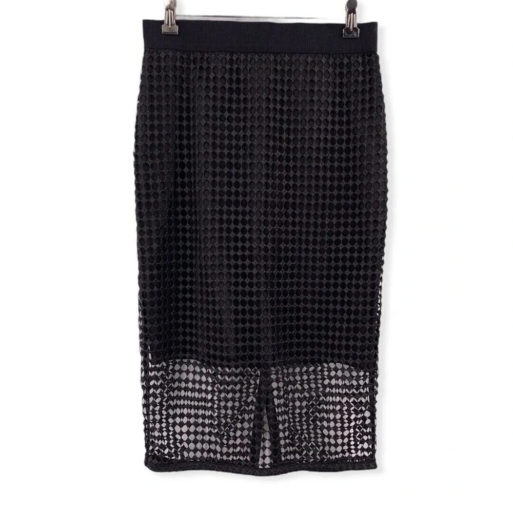 Ann Taylor Black Mesh Overlay Midi Skirt Size 0‎